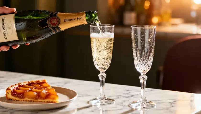Une coupe de tarte aux fruits caramélisés est servie avec un verre de vin de dessert pétillant, versé d'une bouteille de champagne.