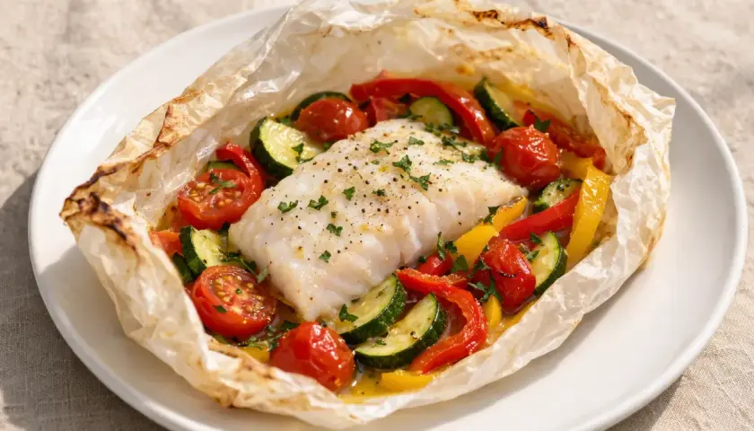 Un délicieux dos de cabillaud en papillote, entouré de tomates cerises, courgettes et poivrons colorés, prêt à être dégusté.