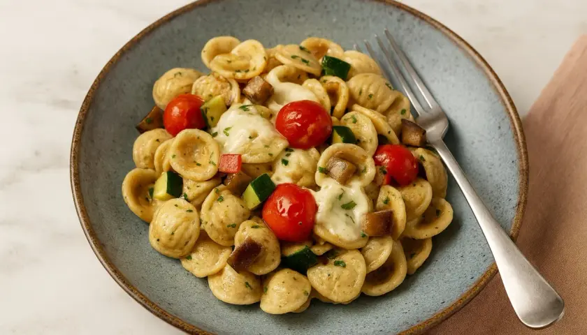 Orecchiette-Pasta mit Kirschtomaten, Zucchini und geschmolzenem Käse. Ein köstliches Gericht, das sich perfekt für Orecchiette Rezepte eignet.
