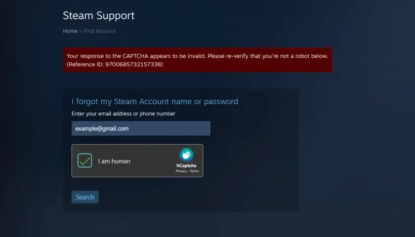 Strona Steam Support, gdzie można odzyskać konto. Wpisz email, zaznacz "Jestem człowiekiem", by dowiedzieć się, jak skontaktować się z steam support.