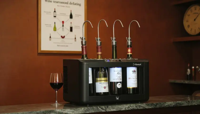 Système de conservation de vin avec 4 bouteilles, dont un bourgogne rouge. Idéal pour le temps de garde.