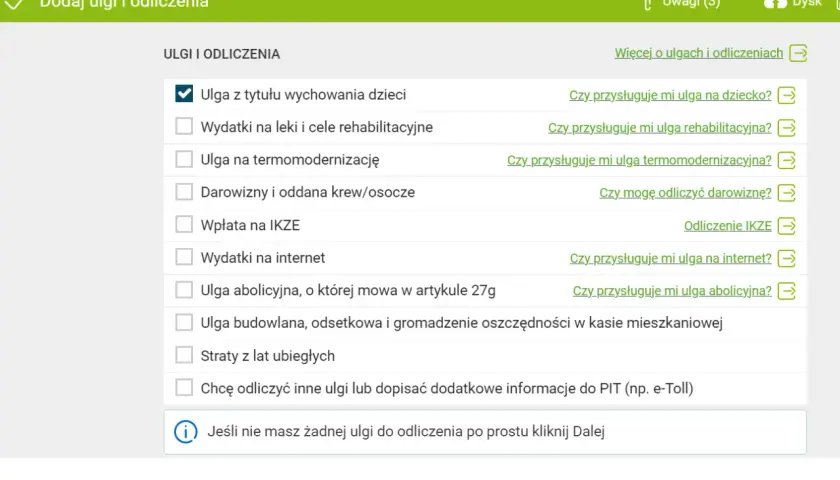 Formularz do dodawania ulg i odliczeń podatkowych. Zaznaczona ulga na dziecko. Dostępne inne opcje ulg.