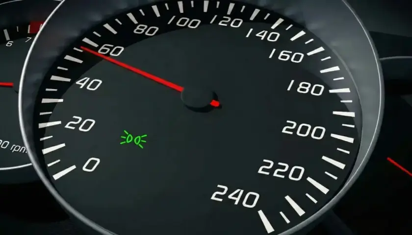 Cruscotto auto: tachimetro segna 60, spia luci posizione accesa.