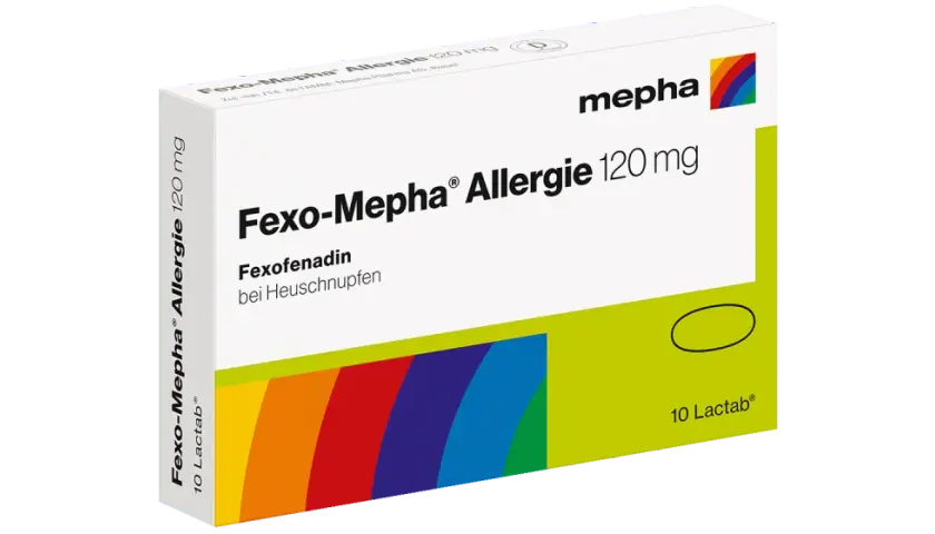 Fexofenadin-haltige Fexo-Mepha® Allergie 120 mg Packung für 10 Lactabs gegen Heuschnupfen.