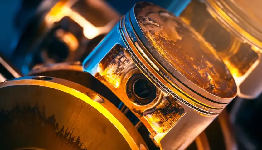 Zbliżenie na tłok silnika z widocznym luzem pierścieni tłokowych. Metaliczne elementy silnika w ciepłym oświetleniu.
