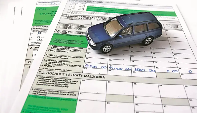 PIT-36 sprzedaż samochodu wzór. Model auta na tle formularza podatkowego.