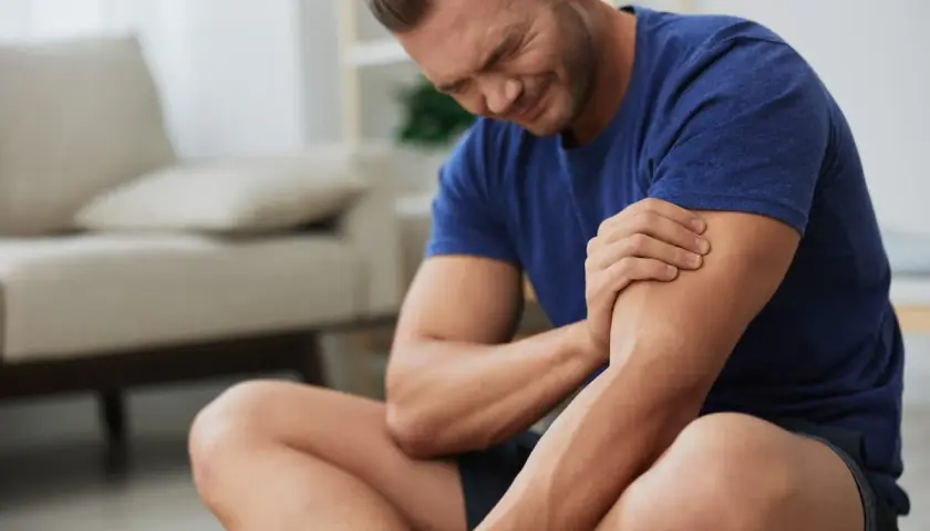 Hombre con expresión de dolor, sujetando su brazo. Sufre de dolores musculares tras un esfuerzo.
