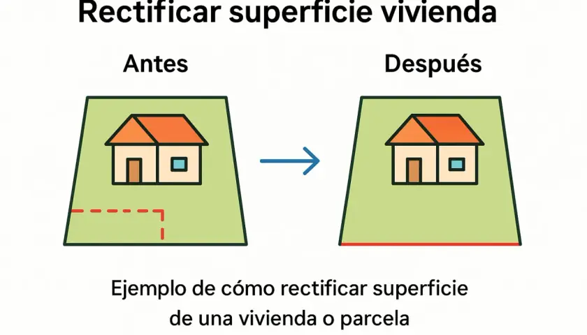 Antes, una parcela con exceso de cabida y una casa. Después, la parcela rectificada y la casa.