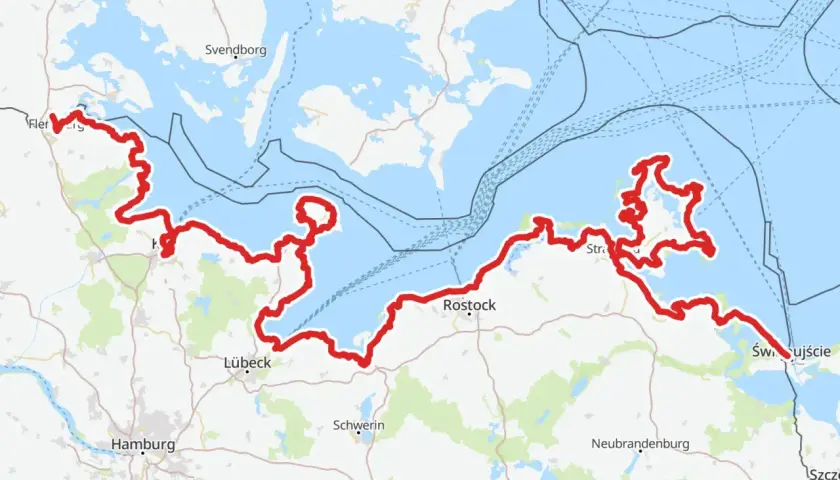 Trasa rowerowa Baltic Velo wzdłuż wybrzeża Bałtyku, od Flensburga przez Kopenhagę, Rostock, po Świnoujście.