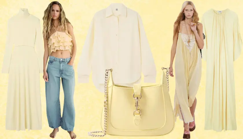 Un desfile de moda con vestidos largos, un top con volantes, jeans anchos, camisa y bolso, todos en tonos de amarillo.