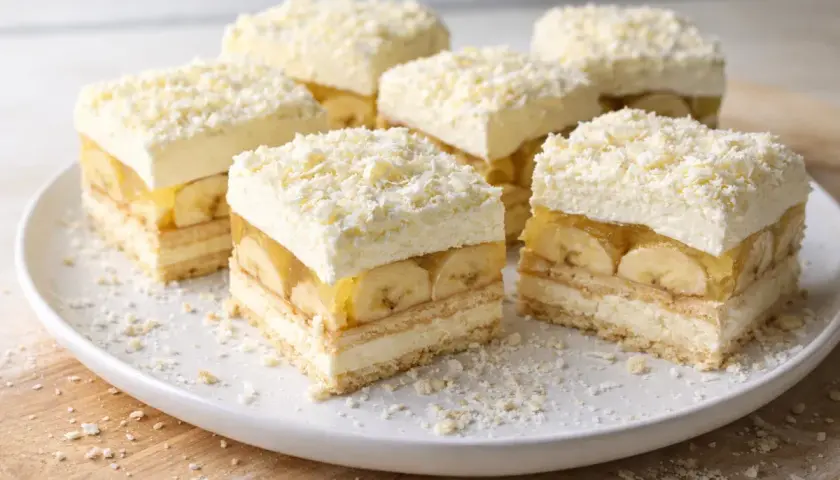 Pyszna krajanka bananowa z kremem i galaretką, posypana wiórkami białej czekolady.