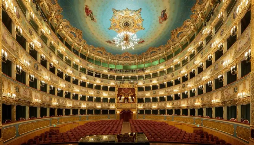 L'intérieur doré et orné du théâtre La Fenice, avec ses loges superposées, ses lustres étincelants et son plafond peint, prêt à accueillir un concert.