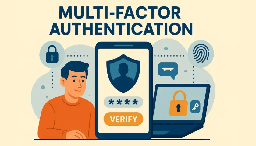 Illustration sur l'authentification multi-facteurs (MFA). Un homme, un smartphone affichant un code et un ordinateur portable avec un cadenas symbolisent la sécurité.
