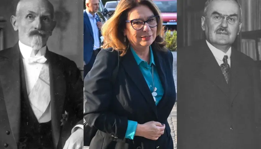 Trzy portrety: dwóch starszych panów w strojach z epoki i kobiety w okularach. Czy to rodzina? Może dziadkowie Kidawy Błońskiej?