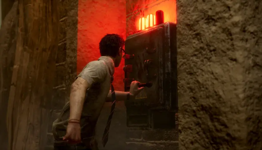Un survivant ajuste la configuration d'un générateur dans Dead by Daylight, sous une lumière rouge menaçante.