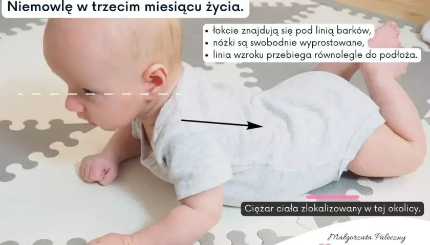 Niemowlę w trzecim miesiącu życia leży na brzuchu. Zwrócono uwagę na nieprawidłowe leżenie na brzuchu niemowlaka, gdy łokcie są pod linią barków, a nóżki swobodnie wyprostowane.