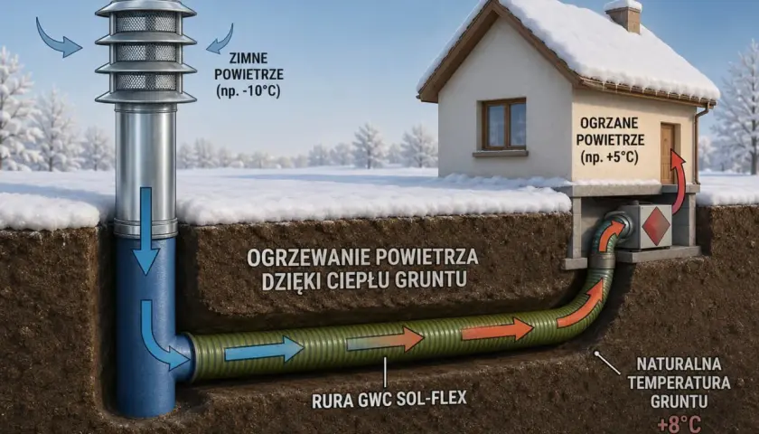 Gruntowy wymiennik ciepła ogrzewa zimne powietrze (-10°C) do +5°C, wykorzystując ciepło gruntu (+8°C) przez rurę GWC SOL-FLEX.