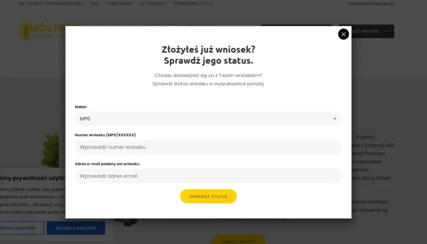 Sprawdź status swojego wniosku w programie Mój prąd 6.0. Wpisz numer wniosku i adres e-mail.