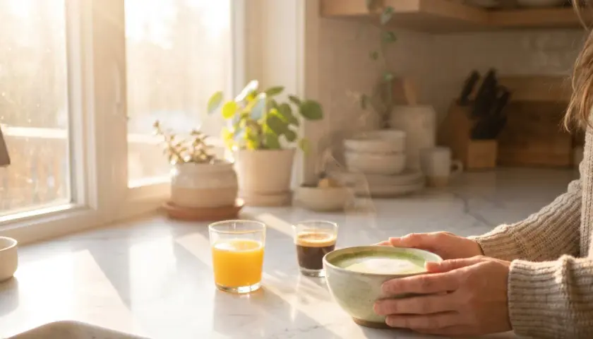 Petit-déjeuner ensoleillé pour savoir comment avoir de l'énergie le matin : jus d'orange, café et bol de matcha fumant.