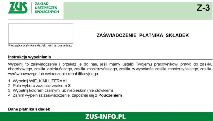 Zaświadczenie Z-3 dla płatnika składek, instrukcja wypełniania.