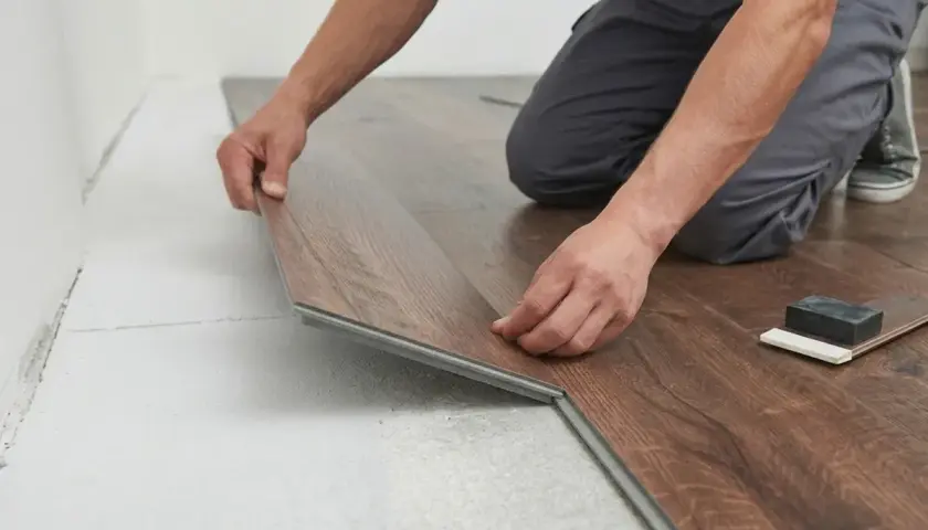 Installazione di un nuovo pavimento in gres porcellanato effetto legno. I tempi di posa sono rapidi grazie al sistema a click.