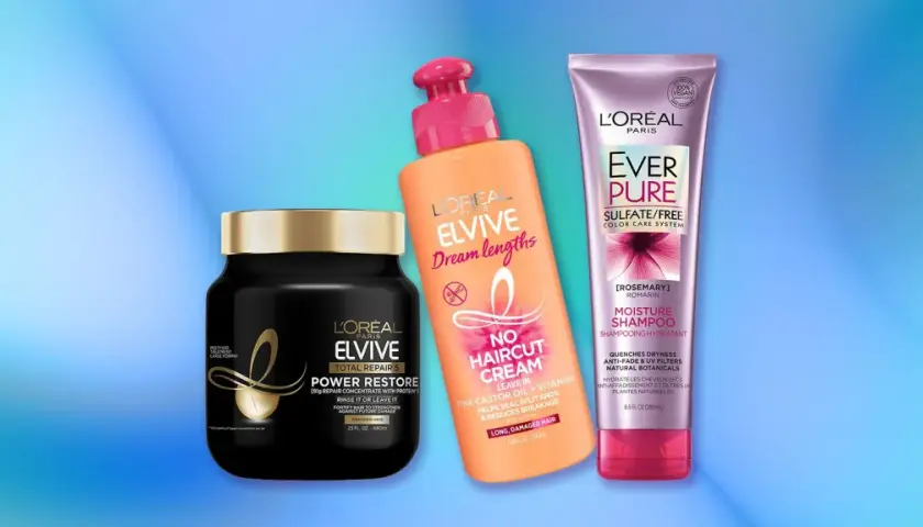 Tres productos L'Oréal para un tratamiento hidratación pelo: mascarilla Elvive Power Restore, crema sin aclarado Dream Lengths y champú Ever Pure Moisture.