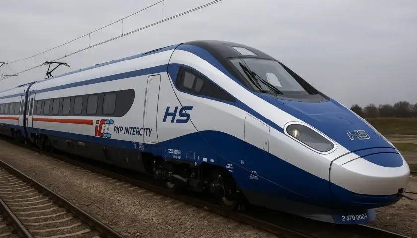 Nowoczesny pociąg PKP Intercity HS na torach. Zastanawiasz się, ile jedzie Intercity na godzinę? Ten szybki skład pokonuje setki kilometrów.