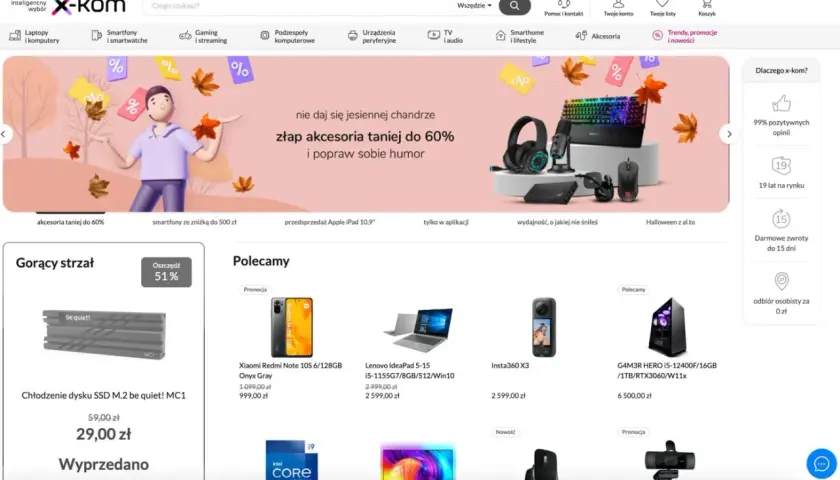 Strona tytułowa X-kom z jesienną promocją na akcesoria do 60% taniej.