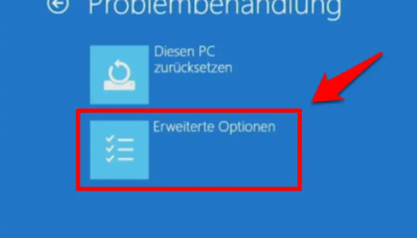 Windows 11 Problembehandlung: "Erweiterte Optionen" ausgewählt, um den abgesicherten Modus zu starten.