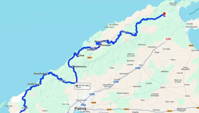 Route von Port d'Andratx über Sóller und Fornalutx nach Cala Sant Vicenç. Eine Tour, um Mallorca zu entdecken.