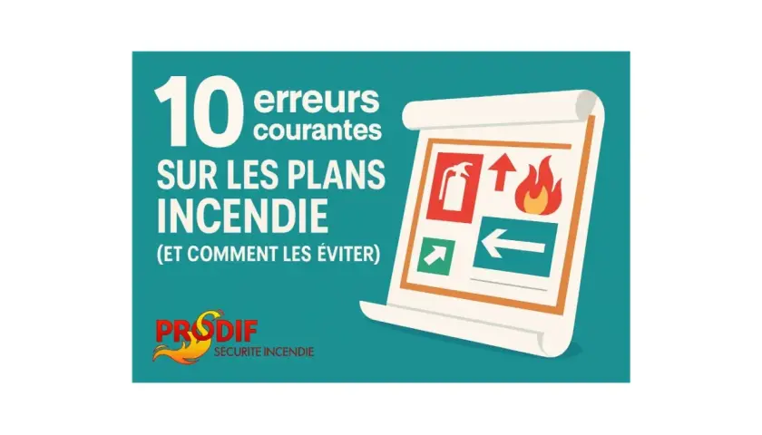 Illustration sur les erreurs courantes des plans d'affichage sécurité incendie. Le logo PRODIF est présent.