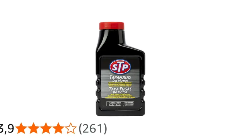 Botella de STP Tapafugas del Motor. Opiniones de usuarios destacan su eficacia para detener fugas de aceite.