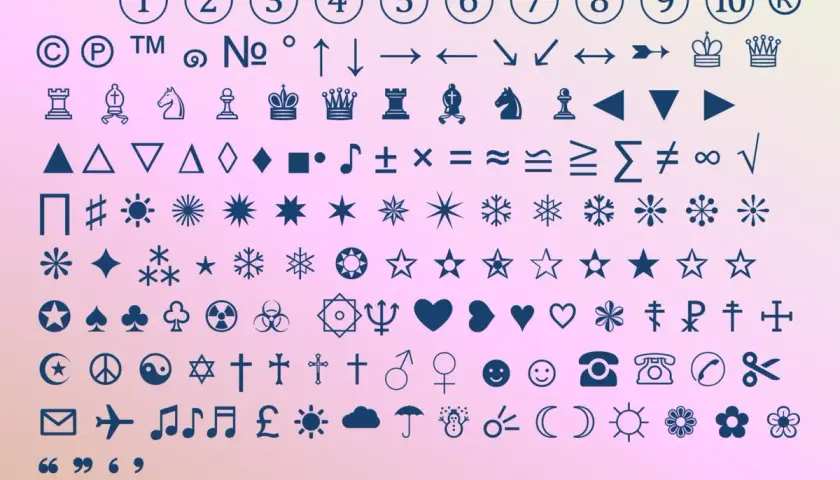 Zbiór symboli i znaków specjalnych, w tym cyfry, strzałki, figury geometryczne, symbole muzyczne, znaki matematyczne, symbole pogody, emotikony i inne.