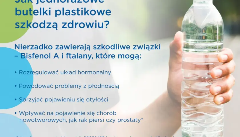 Dłoń trzyma plastikową butelkę z wodą. Czy woda z kranu czy z butelki jest lepsza? Plastik może szkodzić zdrowiu.