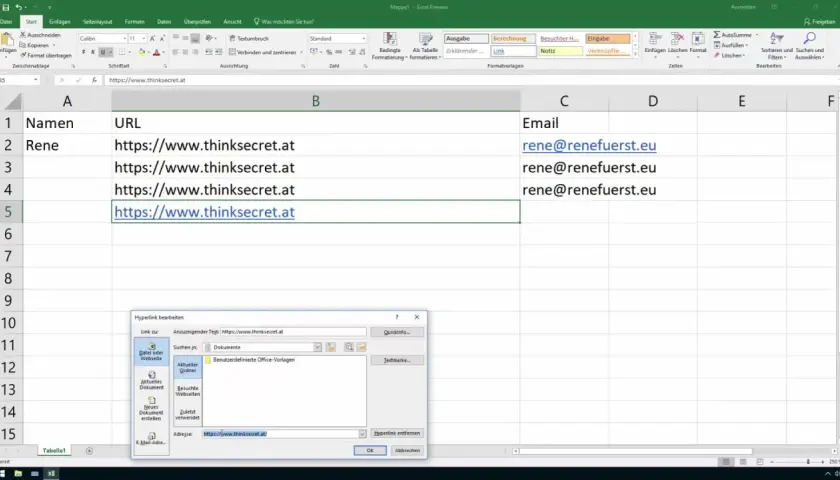Foglio Excel con collegamenti ipertestuali a siti web. La cella B5 mostra un URL attivo, con la finestra di dialogo "Hyperlink bearbeiten" aperta.