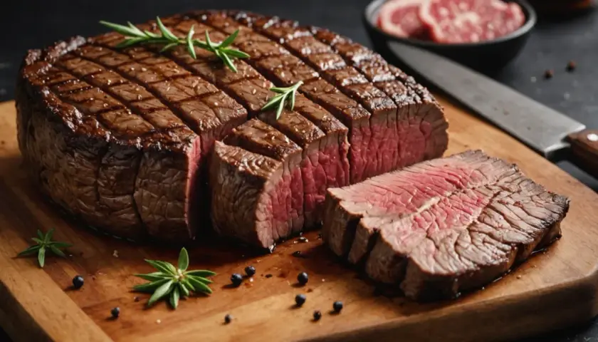 Un succulent pavé de boeuf, grillé à la perfection, est coupé en tranches sur une planche en bois, garni de romarin et de grains de poivre.