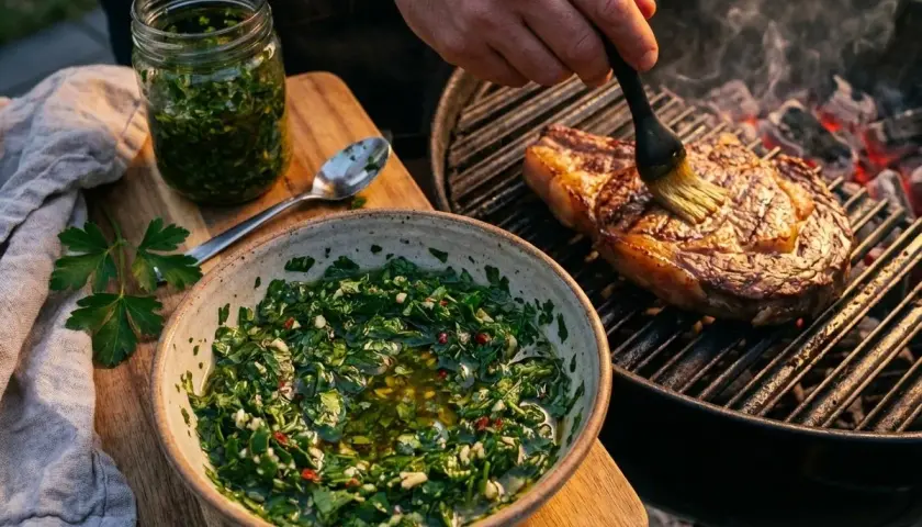 Un steak grillé est badigeonné avec une sauce chimichurri fraîche et vibrante, prête à être dégustée.