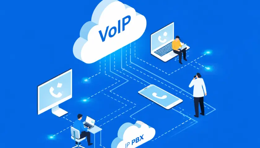 Illustration de la **voip définition** : des personnes communiquent via des appareils connectés au cloud, symbolisant la téléphonie sur IP.