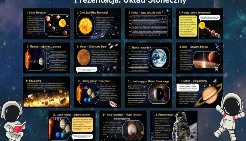Ilustracja przedstawia układ planet, od Merkurego po Neptuna, z opisami każdej planety i Słońca.