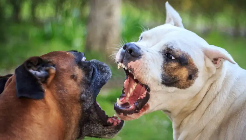 Dos perros, uno marrón y otro blanco, se enfrentan con las fauces abiertas y los dientes al descubierto. Un perro agresivo con otros perros.