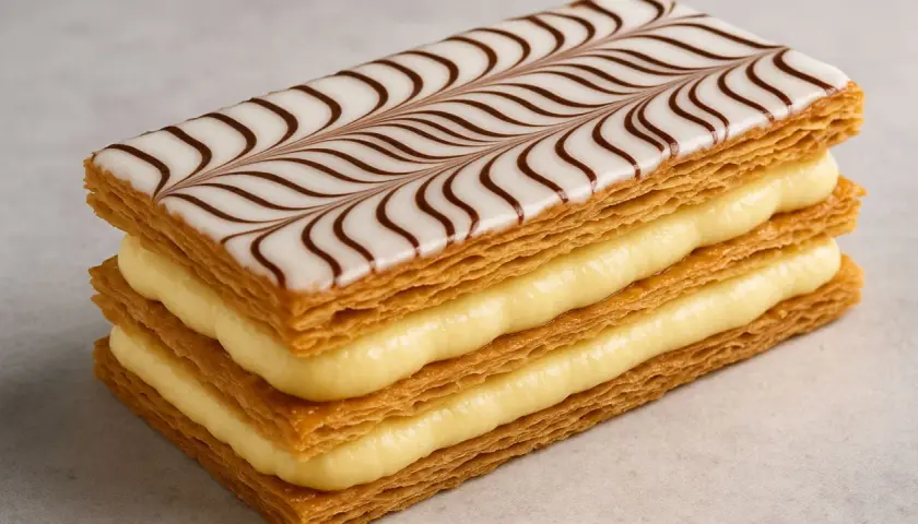 Une délicieuse feuille en pâtisserie, empilée avec de la crème pâtissière et décorée de glaçage blanc et chocolat.