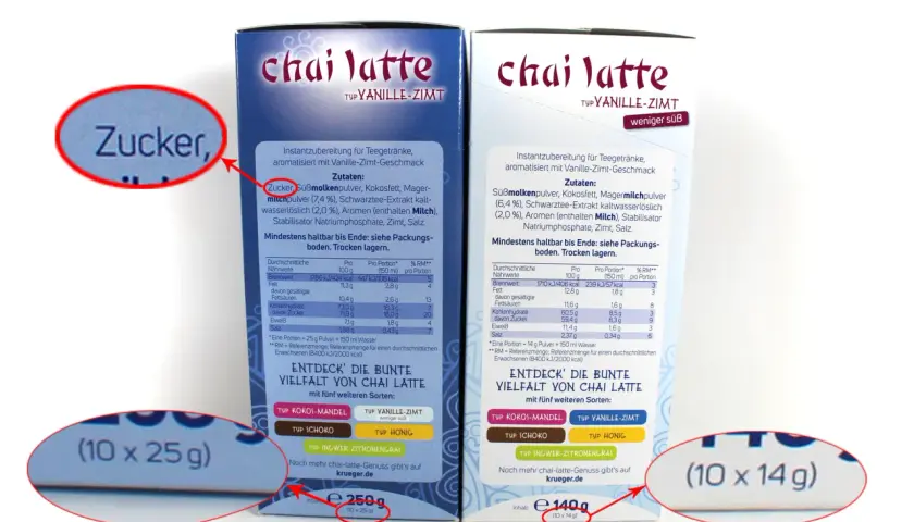 Zwei Packungen Chai Latte Vanille-Zimt. Die Zutatenliste zeigt "Zucker" als einen der Hauptbestandteile.