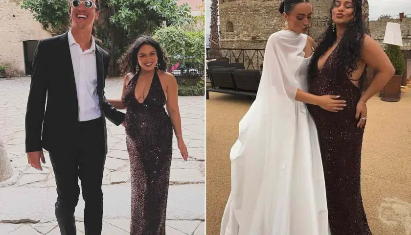 Vanessa Hudgens w błyszczącej sukni i jej partner, a także z inną kobietą w białej sukni.