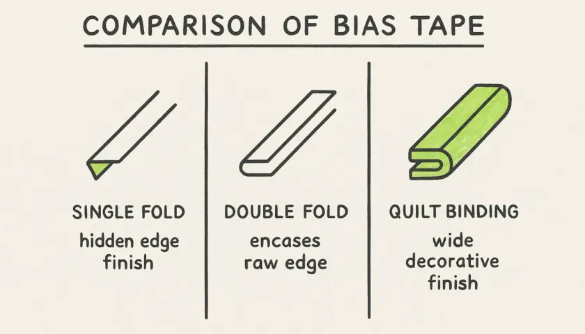Comparison of bias tape: single fold for hidden edges, double fold for raw edges, and quilt binding for a wide decorative finish.