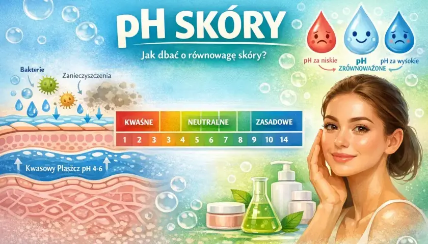 Ilustracja pokazuje, jak dbać o równowagę skóry, prezentując jej warstwy i skalę pH. Zdrowa skóra ma kwaśny płaszcz.