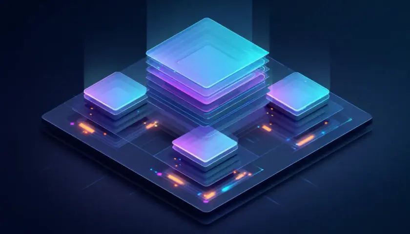 Abstrakcyjna wizualizacja serwerów, symbolizująca skalowalność i wydajność dzięki technologii postgresql sharding.