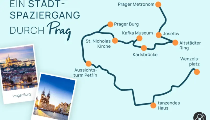 Stadtplan von Prag mit Route: Prager Burg, Karlsbrücke, Altstädter Ring – was muss man in Prag gesehen haben.