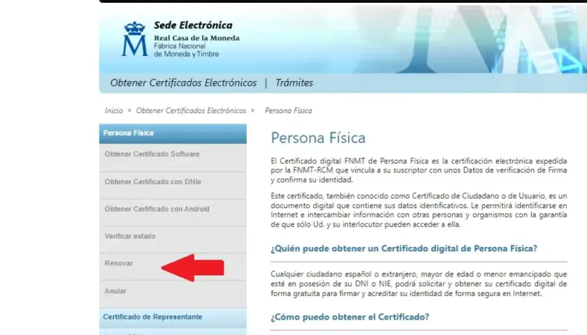 Menú lateral con opciones para certificados digitales. La opción "Renovar" está resaltada. Averigua cuanto dura el certificado digital.