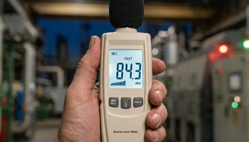 Medidor de sonido muestra 84.3 dBA, ilustrando la diferencia entre dB y dBA en la medición del ruido industrial.