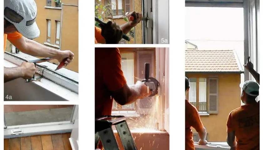 Lavoratori impegnati nel cambio finestre: rimozione vecchi telai con attrezzi e smerigliatrice, installazione nuove finestre.